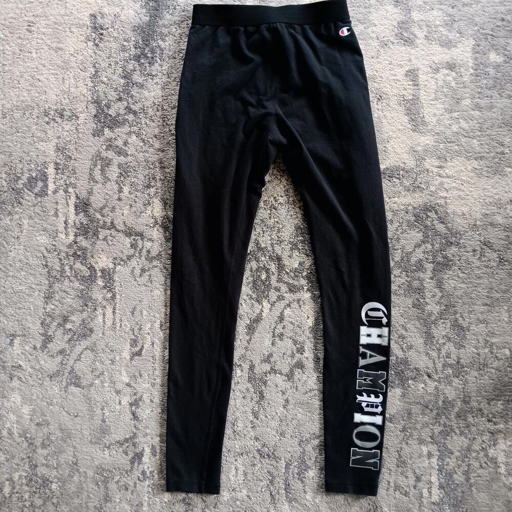 Champion Womens Pull On Ankle Leggings Black Embroidered Logo Size Small Fonts